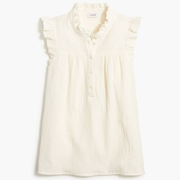 NWT J. Crew Women's Gauze Smocked Ruffleneck Top in Ivory White - Picture 1 of 10